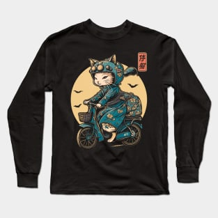 Japanese Samurai Cat on Motorcycle Kawaii Ninja Cat Long Sleeve T-Shirt